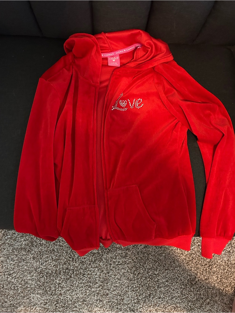 Juniors Red Velour Hoodie Jacket with 'Love' Rhinestone Detail - Hard Candy